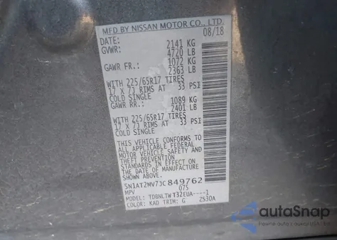 2018 Nissan Rogue Sv z USA, uszkodzony, nr VIN 5N1AT2MV7JC849762